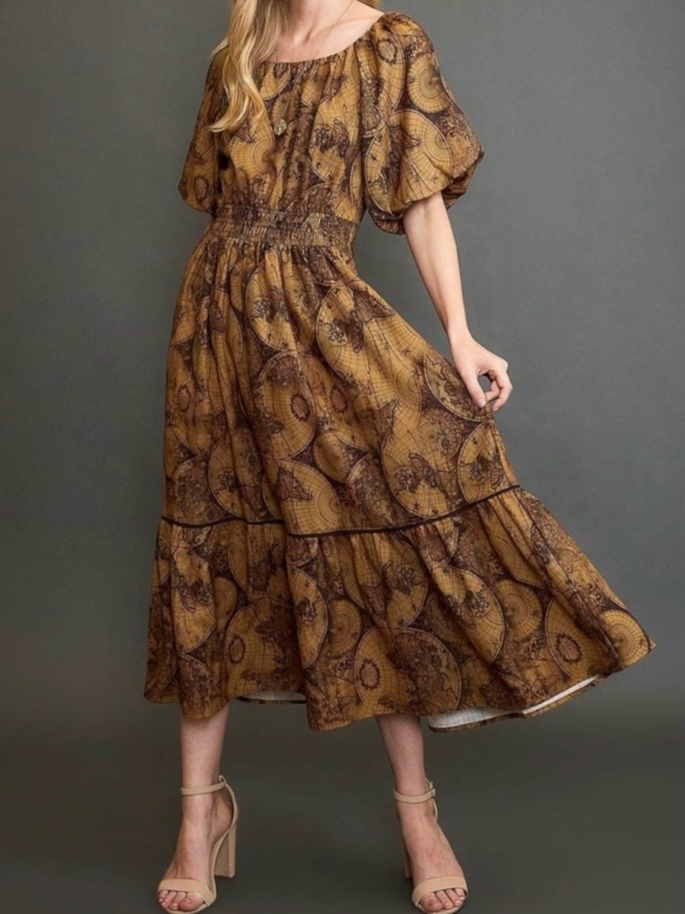 NWT✨ | Umgee | Retro Globe Map Print Puff Sleeve Smocked Waist Midi Dress